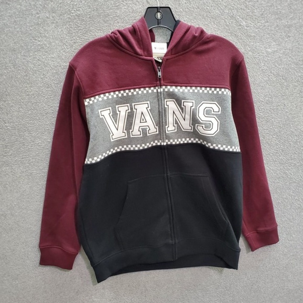 VANS Boys Sweatshirt Large Red Black Hoodie Colorblock Logo Spellout Full Zip